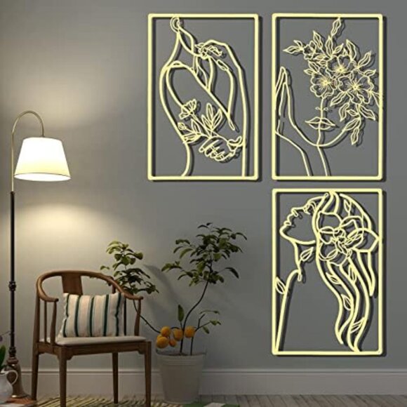 New 3 Pieces Single Line Gold Metal Wall Art Female & Flower Sign for Home Decor - Picture 2 of 7